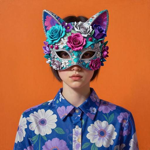 Photograph of a person with short brown hair, wearing a vibrant blue floral shirt and a colorful cat mask adorned with roses, against an orange background.