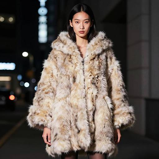 Photograph of an Asian woman with straight black hair, wearing a luxurious, oversized beige fur coat, walking on a dark, urban street at night.