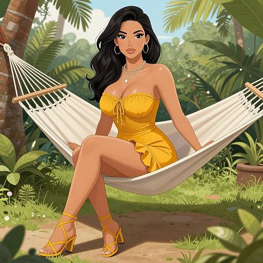 Digital illustration of a curvy woman with long black hair, wearing a yellow strapless dress and yellow heels, sitting in a white hammock amidst lush