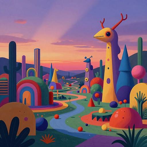 Vibrant digital artwork of a surreal desert landscape at sunset, featuring colorful, abstract cacti, mushrooms, and a tall, antlered