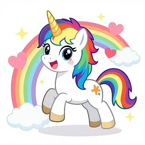 Colorful digital drawing of a happy, white unicorn with a rainbow mane and tail, large blue eyes, and a yellow horn, standing on clouds with