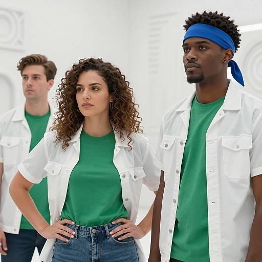 Group of Young People in Futuristic White and Green Outfits
