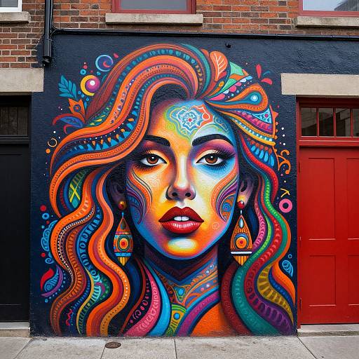Vibrant, psychedelic mural of a woman with flowing, multicolored hair and intricate patterns on a black wall, next to a red door.