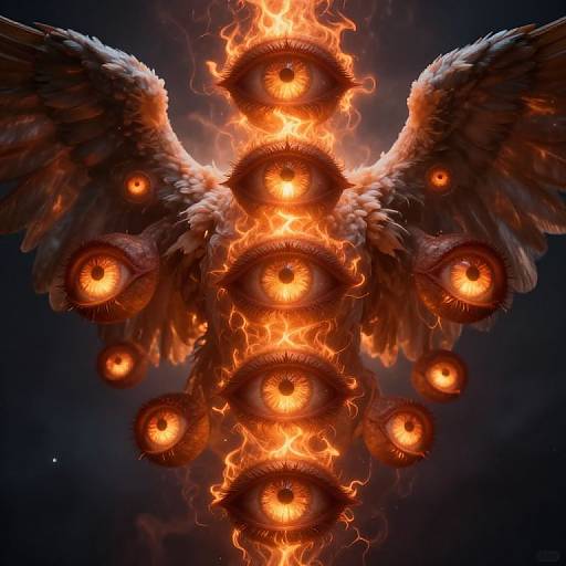 Digital artwork of a fiery, multi-eyed angel with six large, burning eyes and outstretched, feathered wings against a dark, cosmic background.