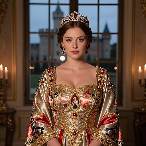 Photorealistic digital portrait of a fair-skinned, brown-haired woman in an ornate, gold and red medieval gown with intricate embroidery, wearing a