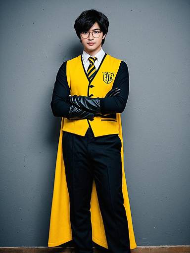 Man in Hufflepuff Costume with Black Gloves