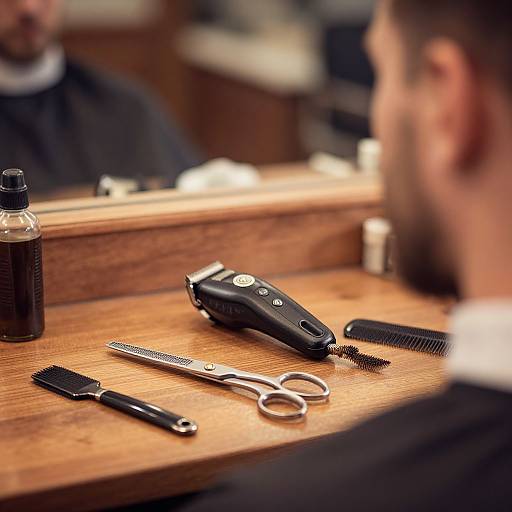 Photograph of a barber's station with a black comb, scissors, hairdryer, and bottle of black hair dye on a wooden counter. A