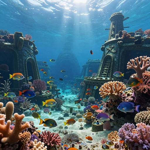 Photograph of a vibrant underwater scene with colorful fish, coral, and ancient stone ruins illuminated by sunlight filtering through the blue water.