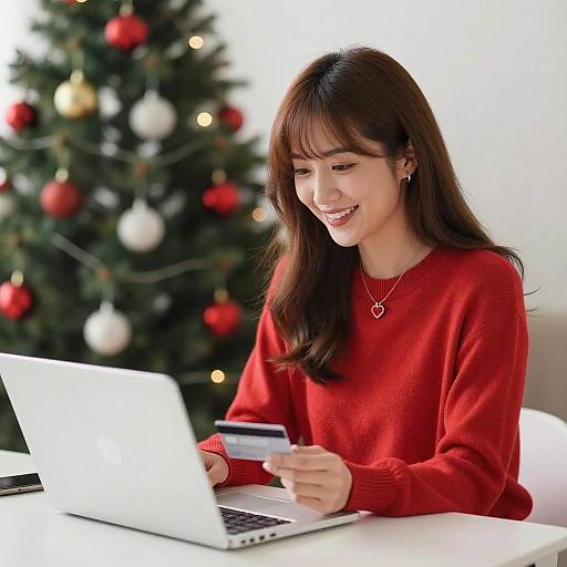 Cheerful Asian Woman Shopping Online