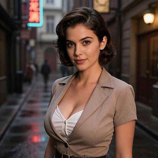 Photorealistic CGI of a beautiful woman with dark hair, wearing a beige blazer over a white top, standing on a wet, neon-lit