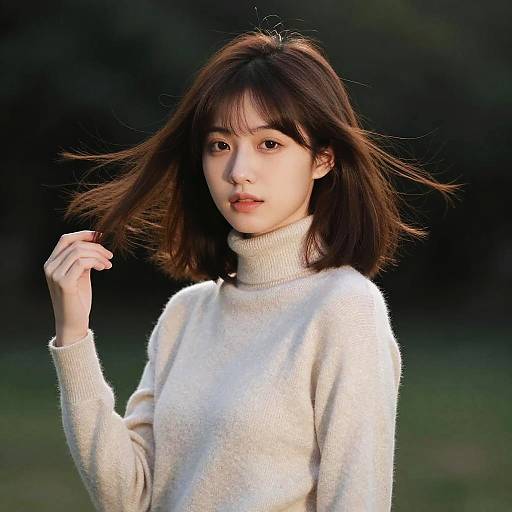 Photograph of an Asian woman with fair skin, shoulder-length brown hair, wearing a white turtleneck sweater, standing outdoors against a dark, blurred