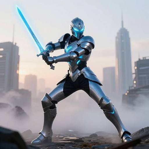 CGI image of a futuristic armored warrior with glowing blue visor and sword, standing in a misty, ruined cityscape at sunset.