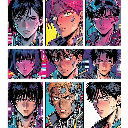 Digital comic-style portrait collage of seven anime characters with varying expressions, black to pink hair, cybernetic elements, and intense gazes.