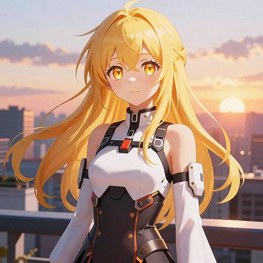 Digital anime-style artwork of a blonde girl with amber eyes, wearing a white and black futuristic outfit, standing on a rooftop at sunset. Cityscape in