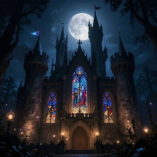 Moonlit Fantasy Castle with Enchanted Woods