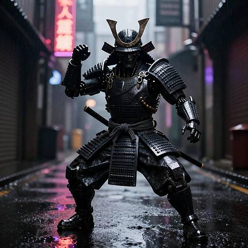 Cybernetic Samurai in Rain-Soaked Neon Alley