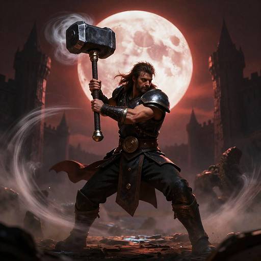 Digital fantasy artwork: Muscular warrior with long black hair and beard, wielding giant hammer, stands before a full moon, dark gothic castle in background