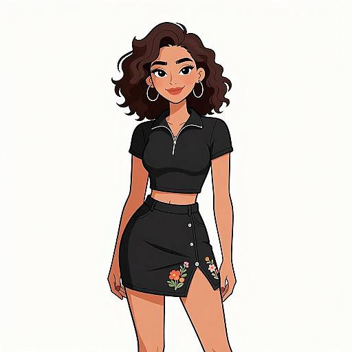Digital illustration of a smiling woman with wavy brown hair, wearing a black cropped top and high-waisted skirt with floral embroidery, large hoop earrings