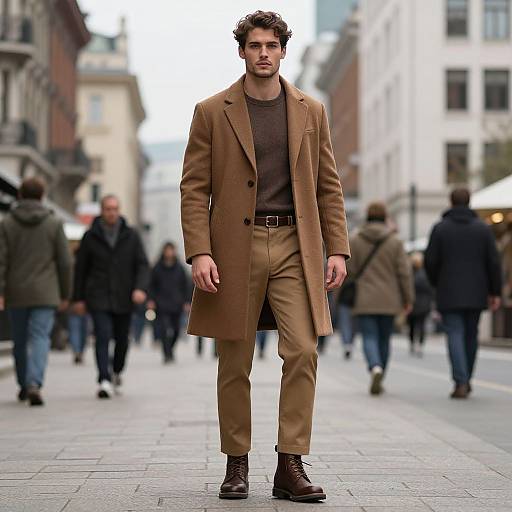 Photograph of a handsome, bearded man in a brown coat, beige pants, and dark boots, walking down a busy urban street with blurred pedestrians
