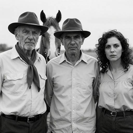 Three Individuals in Intense Black-and-White Photo