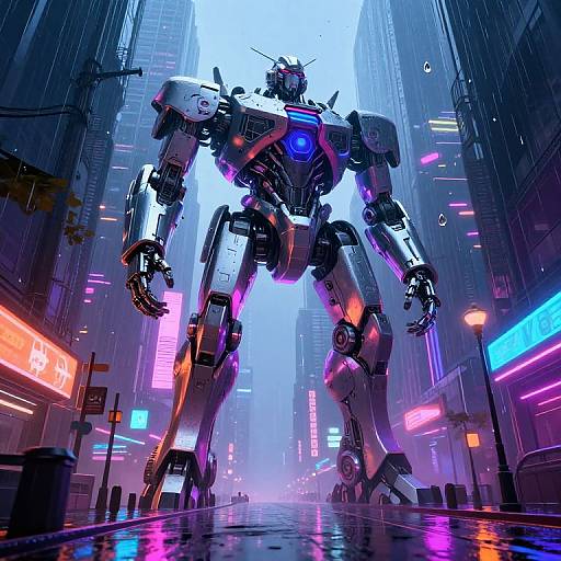 Digital art of a towering, glowing cybernetic robot standing in a neon-lit, futuristic city street with skyscrapers and illuminated billboards.
