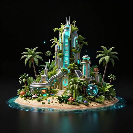 Digital CGI of a futuristic, neon-lit island paradise with towering structures, lush palm trees, glowing blue lights, and vibrant foliage.