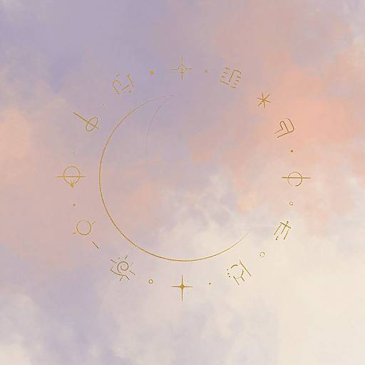 Digital illustration of a pastel sky with pink and blue clouds. A golden crescent moon and astrological symbols, including planets and stars, orbit around