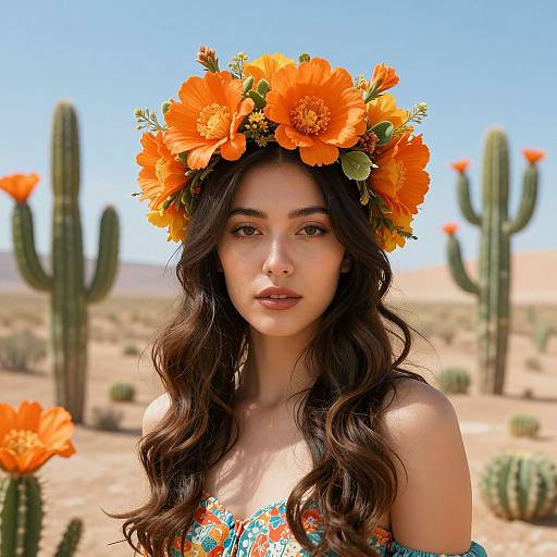 Photograph of a young woman with wavy dark hair, wearing an orange flower crown and colorful floral dress, in a desert with cacti and