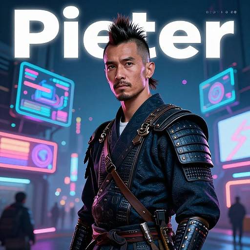 Digital artwork of a muscular man with spiked black hair, wearing futuristic black armor, standing in a neon-lit, cyberpunk city. 