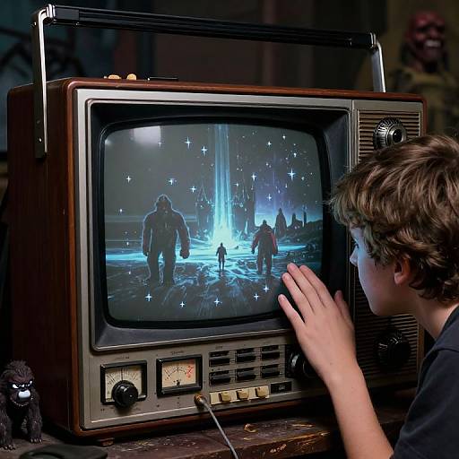 Photograph of a boy with brown hair, wearing a black shirt, watching a retro TV showing a sci-fi scene with glowing lights and figures on a