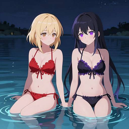 Anime-style digital drawing of two girls in bikinis, one blonde with red bikini, the other black-haired with black bikini, sitting in a nighttime lake