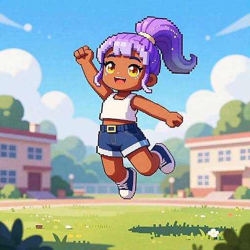 Lilac Ponytail Pixel Girl Jumping Joyfully