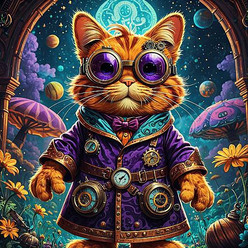 Steampunk Anthropomorphic Cat in Psychedelic Dreamscape