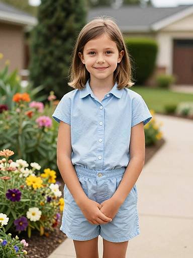 Smiling Girl in Suburban Flower Garden