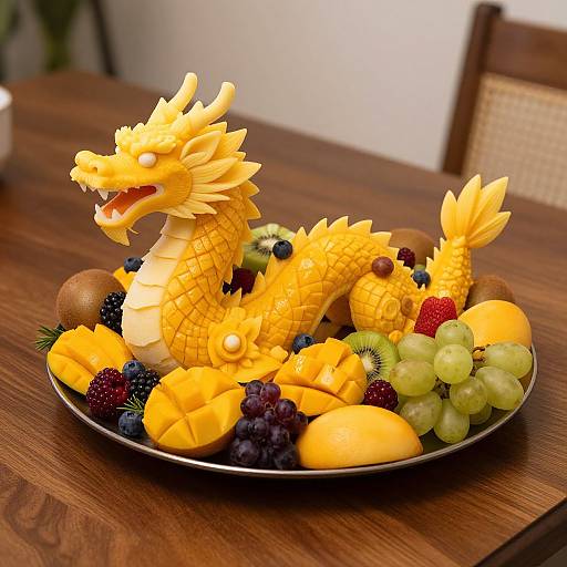 Photograph of a fruit sculpture depicting a yellow dragon with a pineapple body, surrounded by mangoes, grapes, kiwi, blueberries, and black