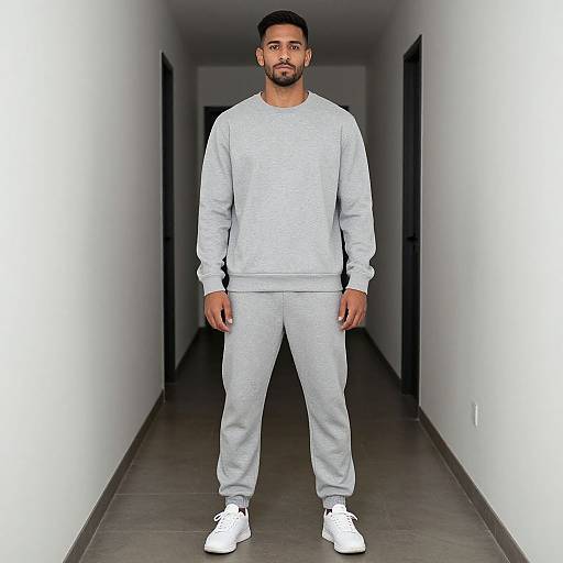 Photograph of a bearded man with medium brown skin, short black hair, wearing a light gray sweatshirt, matching sweatpants, and white sneakers