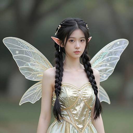 Photograph of an Asian woman with long black braids, elf ears, and transparent fairy wings, wearing a shiny gold dress, standing in a forest