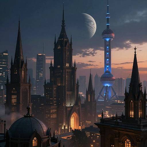 Digital artwork of a futuristic cityscape at dusk, featuring Gothic-style skyscrapers, a glowing blue tower, and a crescent moon.