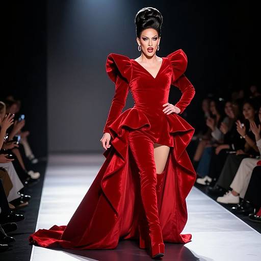 Photograph of a fierce, dark-haired model in a dramatic, deep red, velvet gown with puffed shoulders and high slit, strutting a brightly