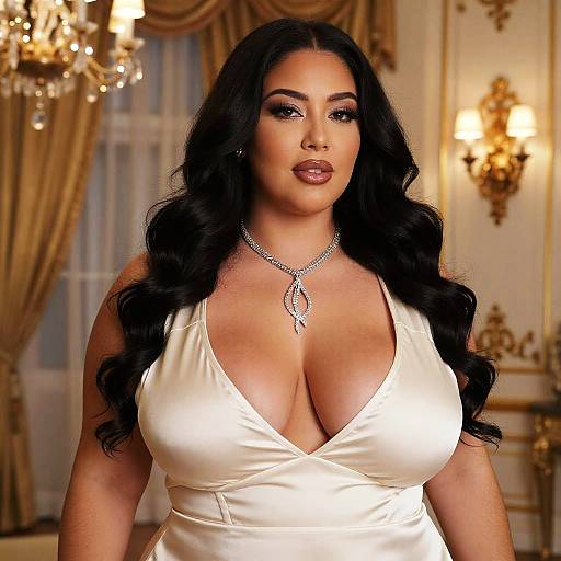Photograph of a curvy woman with long black hair, wearing a low-cut white dress and silver necklace, standing in an opulent, gold-tr