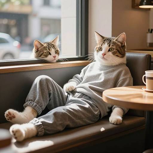 Photograph of two tabby cats in a cozy café; one lounges in a gray sweatshirt on a dark leather booth, while the other peers
