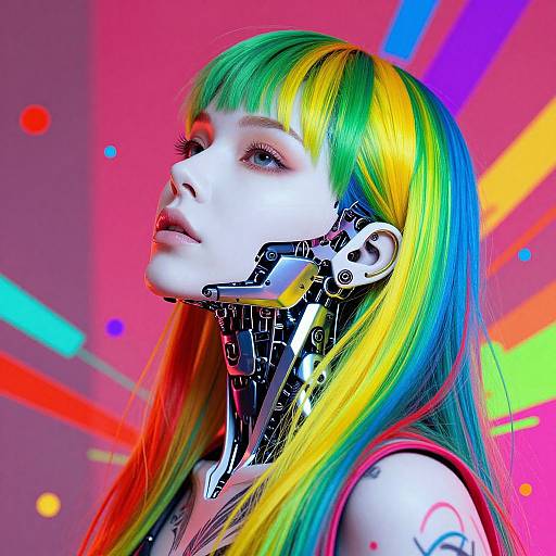 Photograph of a cyberpunk woman with rainbow hair, robotic neck, and vivid tattoos, set against a vibrant, neon-pink background.