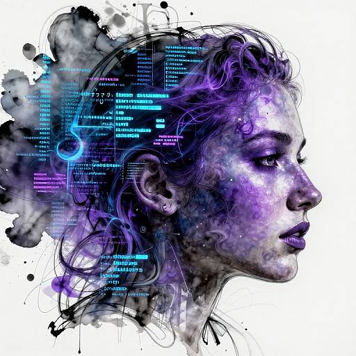 Digital artwork of a profiled woman's face with purple and blue neon cybernetic elements, black ink splatters, and glowing text.