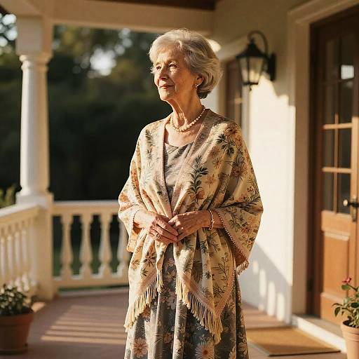 Photograph of an elderly woman with short gray hair, wearing a floral shawl and dress, standing on a sunlit porch.