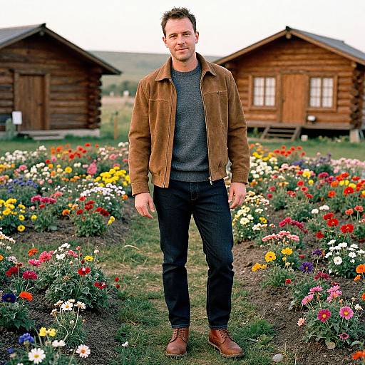 Photograph of a smiling man in a brown suede jacket, gray sweater, black jeans, and brown boots, standing in a vibrant flower garden with wooden