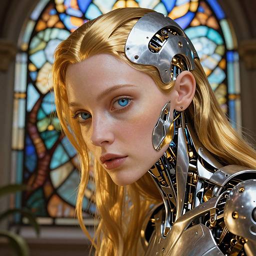 Digital art of a fair-skinned, blue-eyed woman with long blonde hair, wearing metallic cybernetic armor, in front of a colorful stained glass