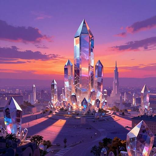 Digital art of a futuristic crystal castle at sunset, with glowing facets, surrounded by a cityscape with a vibrant purple and orange sky.