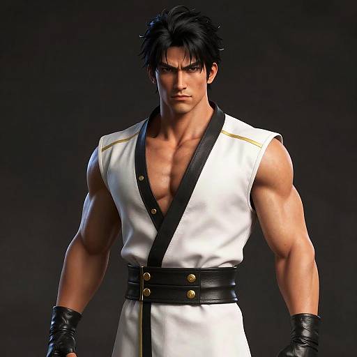 CGI image of a muscular, serious-looking man with black hair, wearing a white sleeveless martial arts uniform with black trim and belt, black gloves