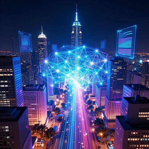 Digital artwork of a neon-lit cityscape at night, featuring a glowing blue geometric dome over a bustling street with colorful light trails. Skyscrap