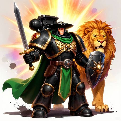 Digital illustration of a muscular knight in black armor with a green cape, sword, and shield, standing beside a fierce lion, both bathed in bright